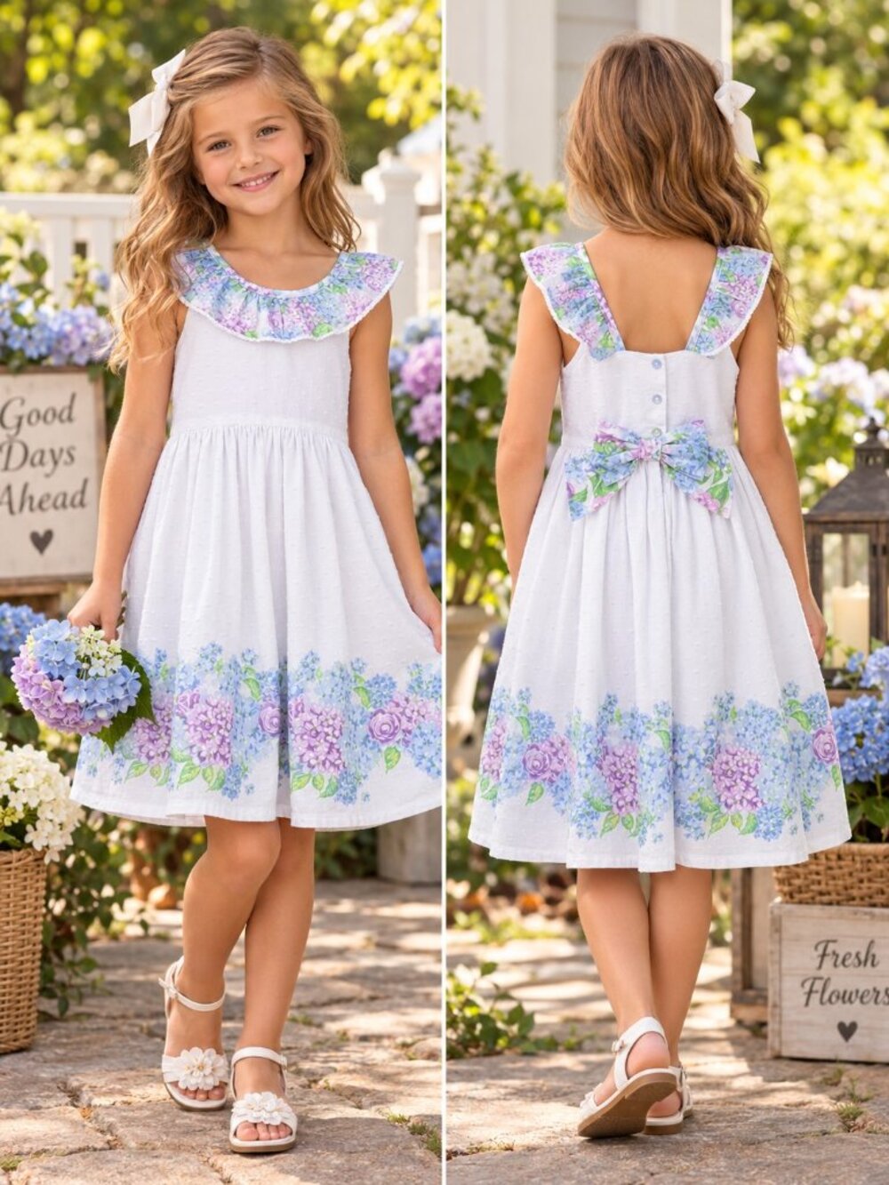 Tommy Bahama Kids Girls White Swiss Dot Hydrangea Floral Dress Size 8